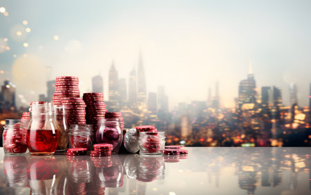 Stack of casino chips on the table with cityscape in the backgroundの素材