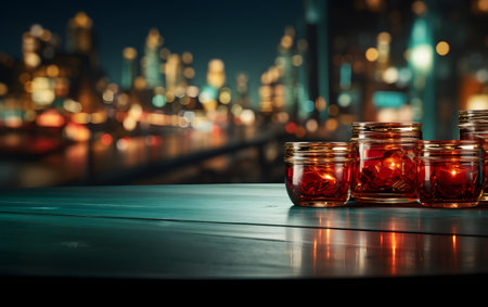 Candles in glass jars on a wooden table with city background.の素材