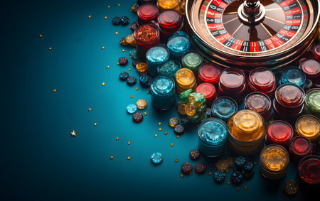 Roulette wheel and casino chips on blue background with copy spaceの素材