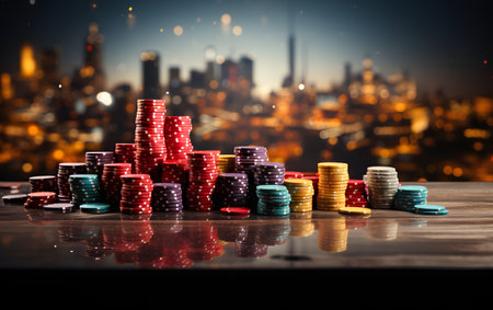 Stack of casino chips on wooden table and blurred cityscape background.の素材