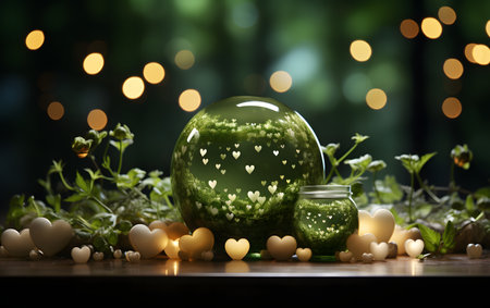 Crystal ball with green magic potion and hearts on wooden table against blurred lightsの素材