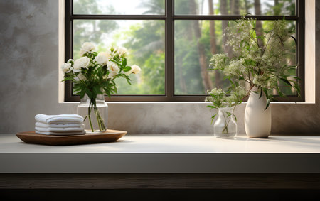 Bouquet of white flowers in vase on table near windowの素材