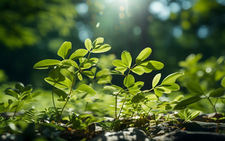 Green sprout growing in the forest with sunbeams. nature backgroundの素材