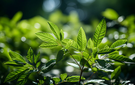 Green leaves on blurred background in the forest. Shallow depth of field.の素材