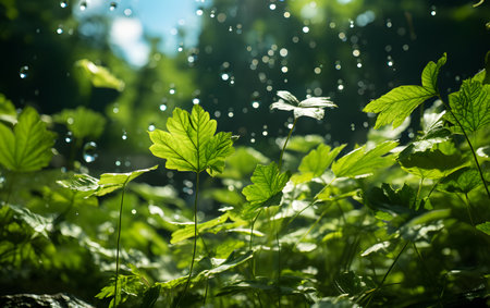 Green leaves with drops of dew in the forest. nature backgroundの素材