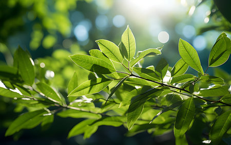 Green leaves with sunlight and bokeh background, nature background.の素材