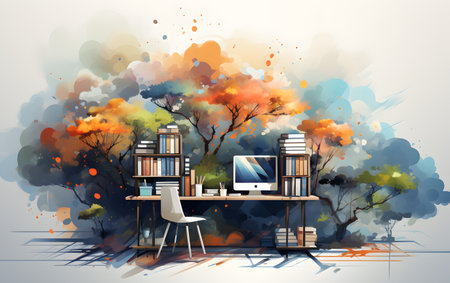 Vector illustration of modern office interior with wooden desk, chair and bookshelf.の素材