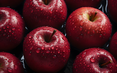 Fresh red apples with water drops, closeup. Healthy food backgroundの素材