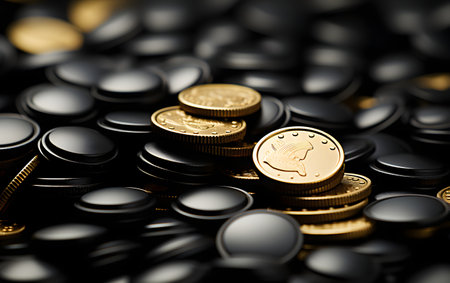 Golden coins on a black background, close-up. business conceptの素材