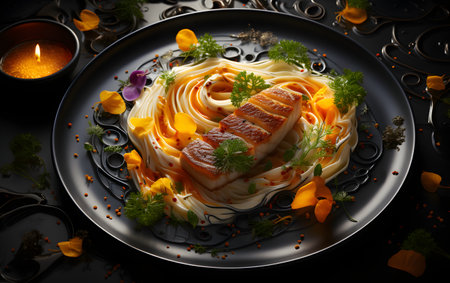 Chicken fillet with cream sauce, garnished with fresh herbs and orange flowersの素材