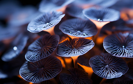 Close up of a group of small mushrooms growing in the woods.の素材