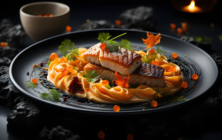Grilled salmon fillet with pasta on black plate, closeupの素材