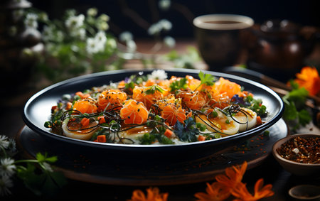 Salmon salad with orange and herbs on a dark background. toning. selective-focusの素材