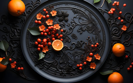 Black plate with oranges and rowan berries on black background, top viewの素材