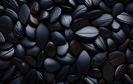 Black pebbles background. Top view of black pebbles texture.の素材