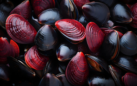 Fresh mussels as background, closeup view. Seafood backgroundの素材