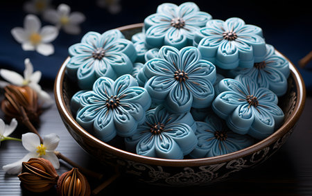 Japanese confectionery, blue mochi with white flowers.の素材