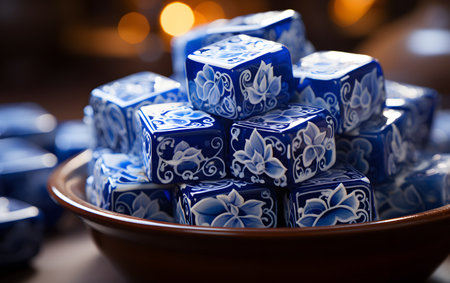 Blue dice in a plate on a wooden background. Selective focus.の素材