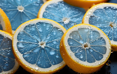 Slices of lemon and orange with water drops on black backgroundの素材