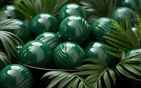 Green easter eggs with palm leaves. 3d render illustration.の素材