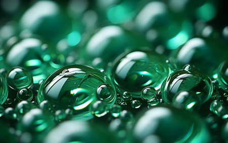 Green water drops close-up. Abstract background. 3d renderingの素材