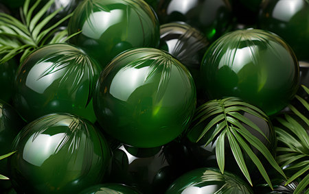 3d render of green balls with palm leaves. Abstract background.の素材