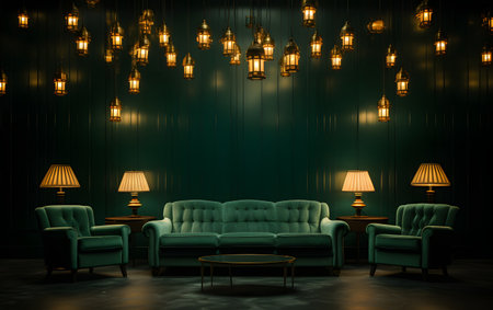 Green living room interior with sofa, armchairs and coffee table. 3D renderingの素材