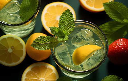Cocktail with lemon, lime and mint on a dark backgroundの素材
