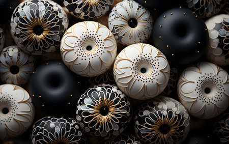 3d rendering of black and gold christmas baubles backgroundの素材
