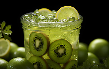 Kiwi juice with lime and kiwi on black backgroundの素材