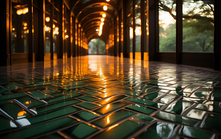 Ceramic tile walkway in the garden with sunlight background.の素材