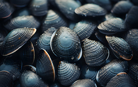 Close-up of fresh raw clams with water drops on themの素材