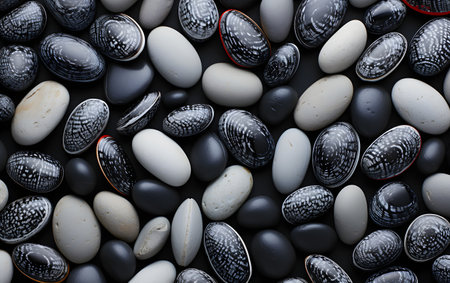 Seashells and stones on a black background. Close up.の素材