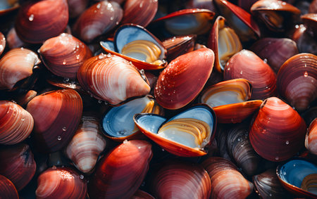 Seafood background. Close-up of mussels on the beachの素材
