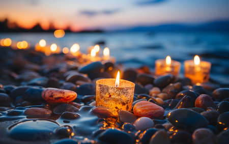 Burning candles on the seashore at sunset. Romantic background.の素材