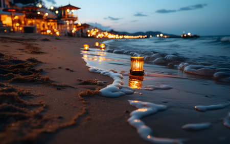 Lantern on the beach in the evening. Beautiful view of the sea and the night sky.の素材