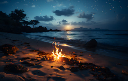 Campfire on the beach at night with moonlight and stars.の素材