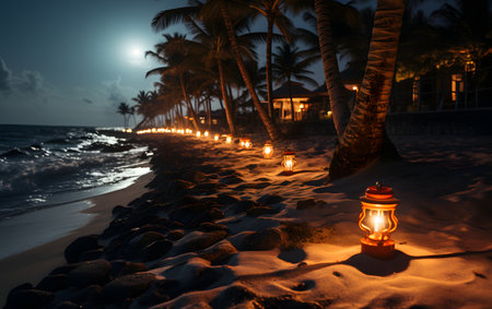 Lantern on the beach with palm trees at night in Sri Lankaの素材