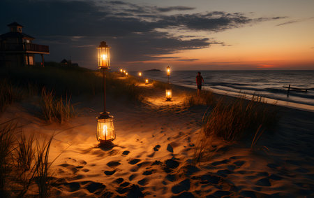 Lanterns on the beach at sunset, Poland, Baltic Seaの素材