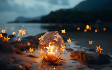 Burning candle in glass jar on the beach with sea background.の素材