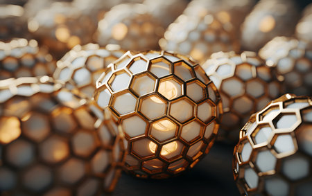 3d rendering of golden metallic balls in a row on dark backgroundの素材