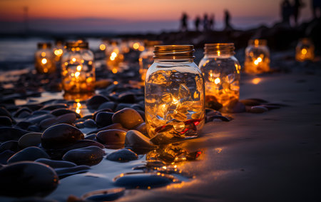 Candles in a glass jar on the seashore at sunsetの素材