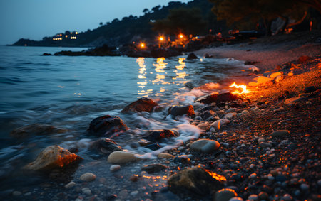 Coast of the Adriatic Sea in Montenegro at nightの素材