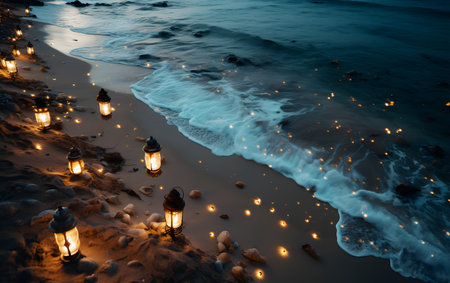 Lanterns on the beach in the evening, Khao Lak, Thailandの素材