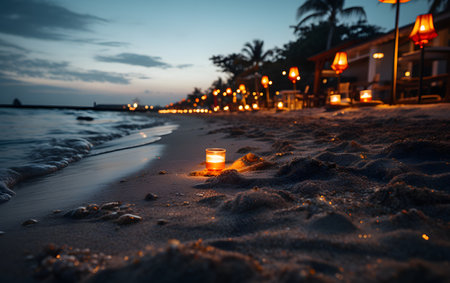 Candle in the sand on the beach at sunset, Thailand.の素材