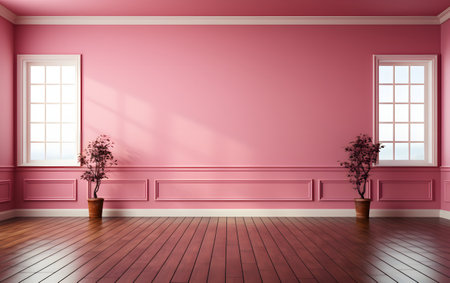 Empty room with pink wall and wooden floor. 3d rendering.の素材