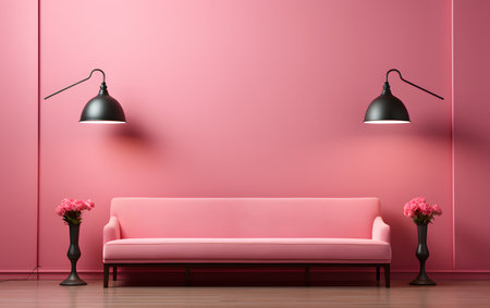 Interior of a modern living room with pink sofa and lamps. 3d renderingの素材