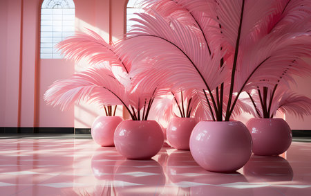 Pink ceramic vases with palm leaves on the floor. 3d renderingの素材