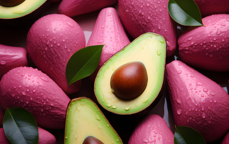 Avocado fruit with leaves and drops of water on a pink backgroundの素材