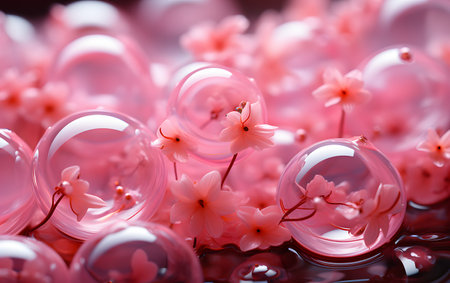 Pink cherry blossoms and transparent glass balls on a dark background.の素材